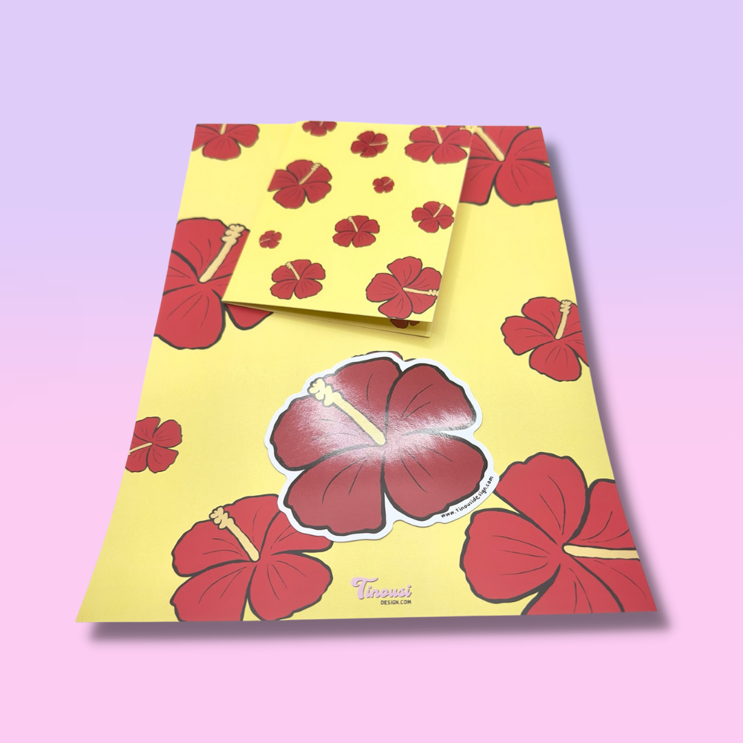 Red Hibiscus Set Single Colour (1xPrint,Card,Sticker)