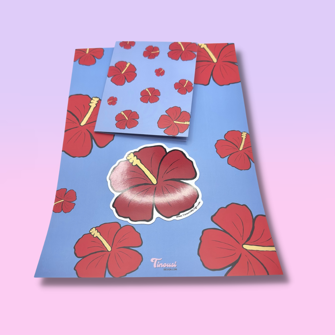 Red Hibiscus Set Single Colour (1xPrint,Card,Sticker)